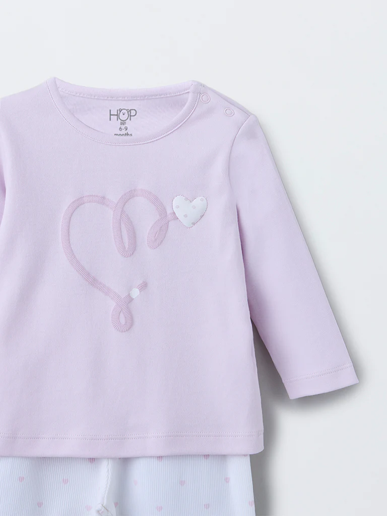 HOP Baby Girls Lilac Heart Printed Cotton T-Shirt with Pants Set - Image 4