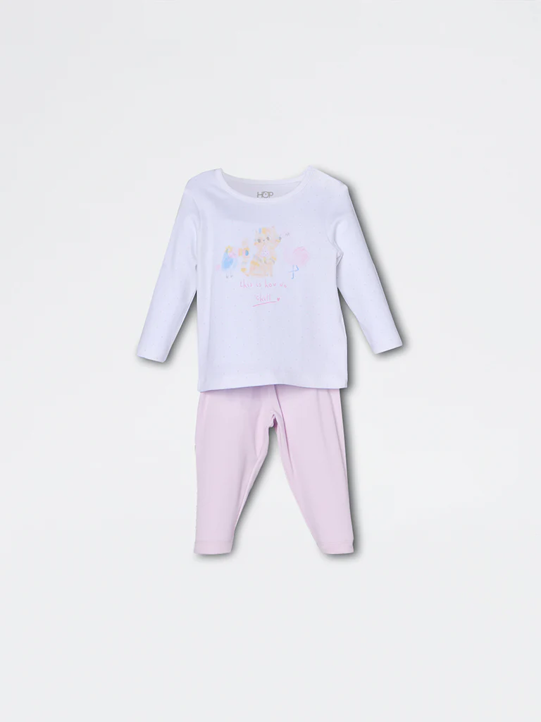 HOP Baby Girls Lilac Printed Cotton-Blend T-Shirt and Pants Set - Exclusive - Image 2