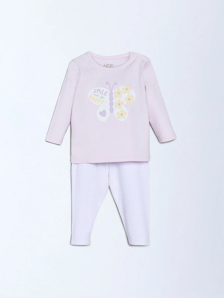 HOP Baby Girls Lilac Printed Cotton T-Shirt and Pants Set - Exclusive - Image 3