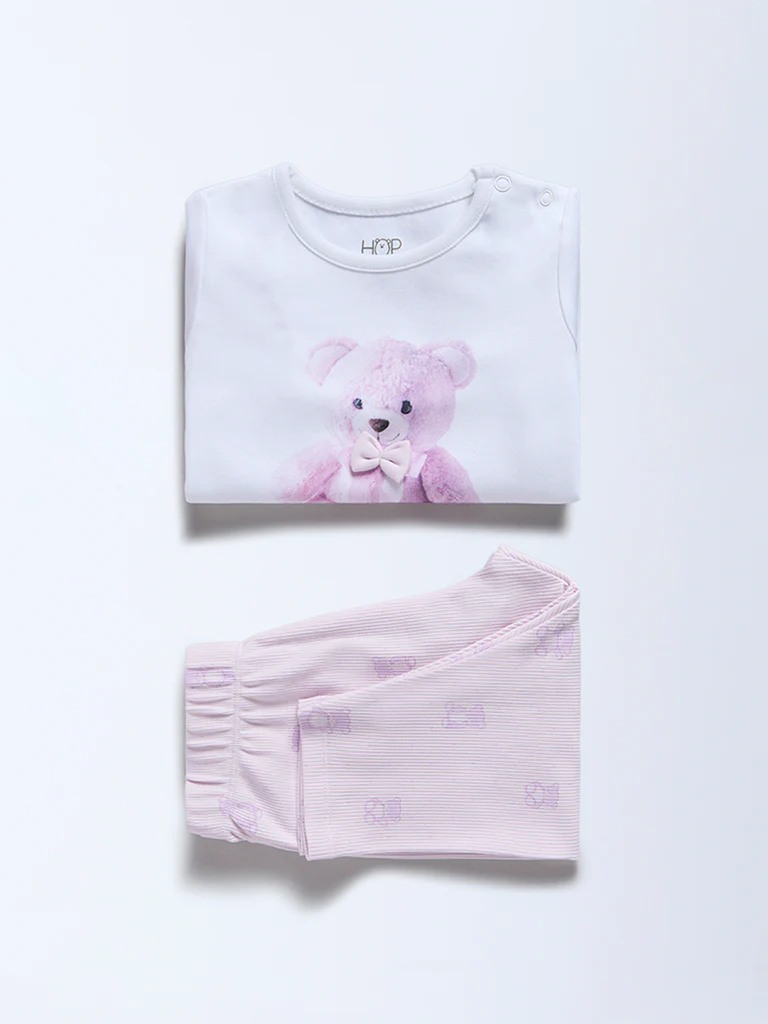 HOP Baby Girls Lilac Teddy Printed Cotton T-Shirt and Pants Set - Exclusive - Image 2