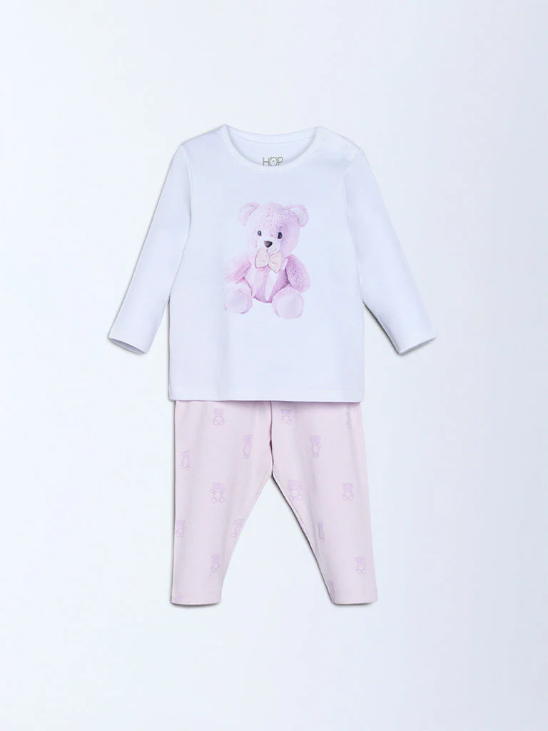 HOP Baby Girls Lilac Teddy Printed Cotton T-Shirt and Pants Set - Exclusive - Image 3
