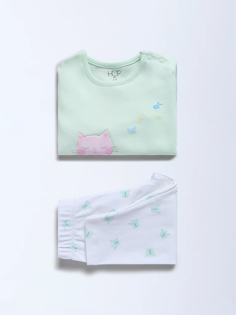 HOP Baby Girls Mint Cat Design Cotton T-Shirt and Pants Set - Exclusive - Image 2