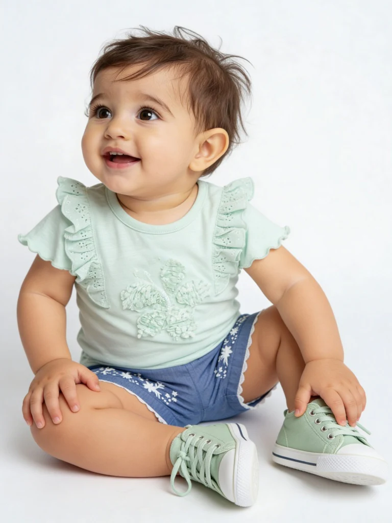 HOP Baby Girls Mint Floral Applique Cotton Top and Shorts Set