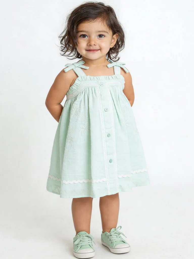 HOP Baby Girls Mint Floral Embroidered A-Line Cotton Dress