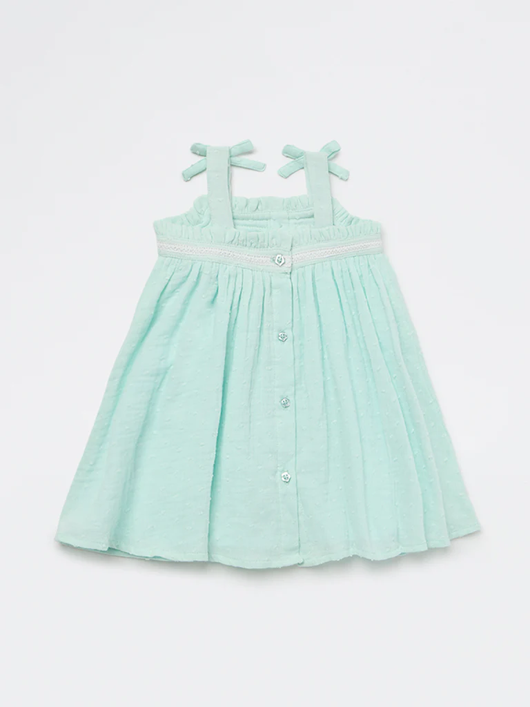 HOP Baby Girls Mint Floral Embroidered A-Line Cotton Dress - Image 3