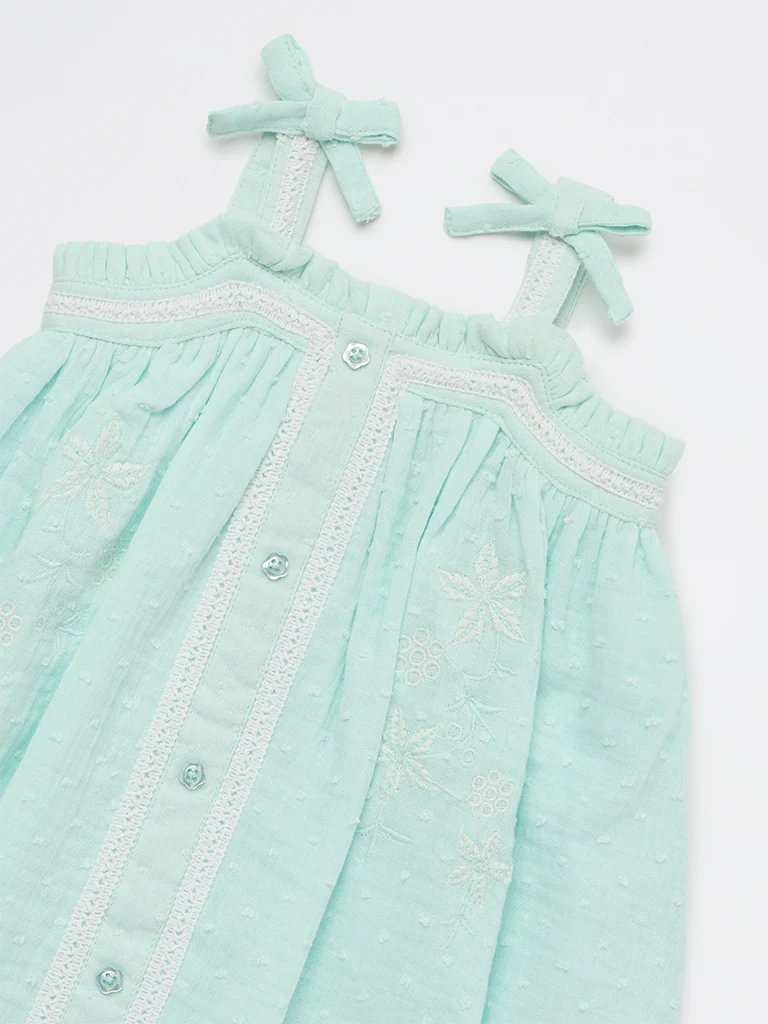 HOP Baby Girls Mint Floral Embroidered A-Line Cotton Dress - Image 4