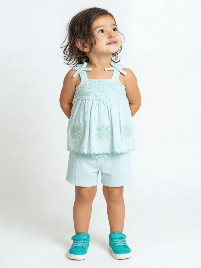 HOP Baby Girls Mint Floral Embroidered Cotton Top and Shorts Set