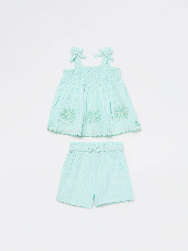 HOP Baby Girls Mint Floral Embroidered Cotton Top and Shorts Set - Image 2