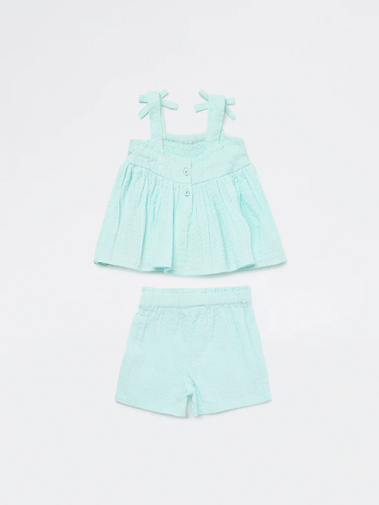 HOP Baby Girls Mint Floral Embroidered Cotton Top and Shorts Set - Image 3