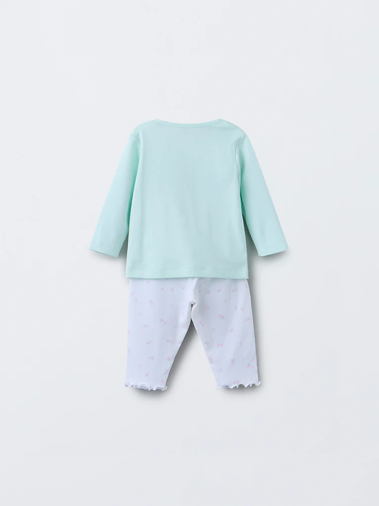 HOP Baby Girls Mint Printed Cotton T-Shirt with Pants Set - Image 3