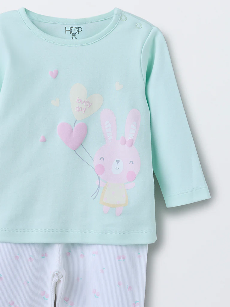 HOP Baby Girls Mint Printed Cotton T-Shirt with Pants Set - Image 4