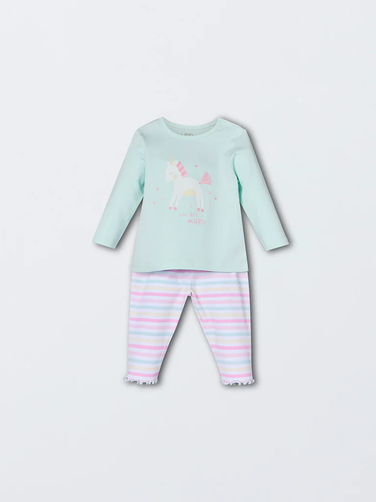 HOP Baby Girls Mint Unicorn Printed Cotton Co-ord Set - Exclusive - Image 2