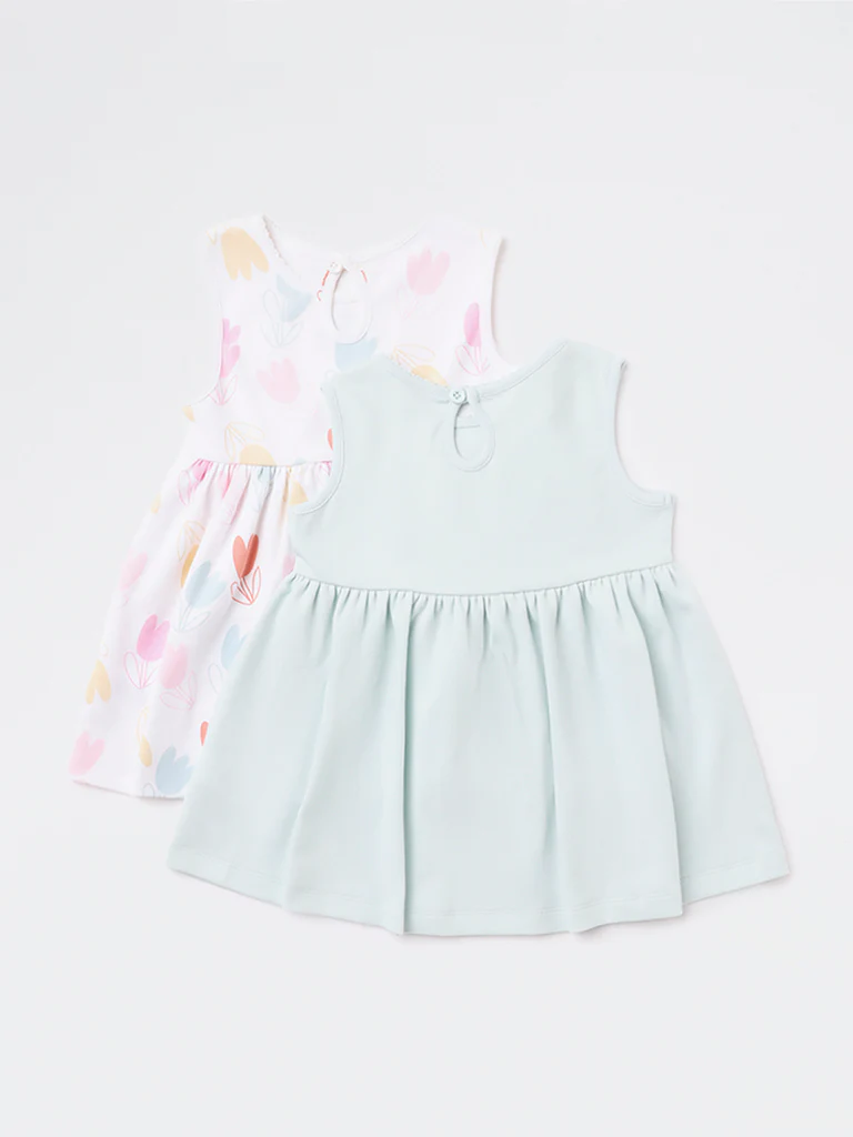 HOP Baby Girls Multicolour Floral Design Cotton A-Line Dresses - Pack of 2 - Image 3