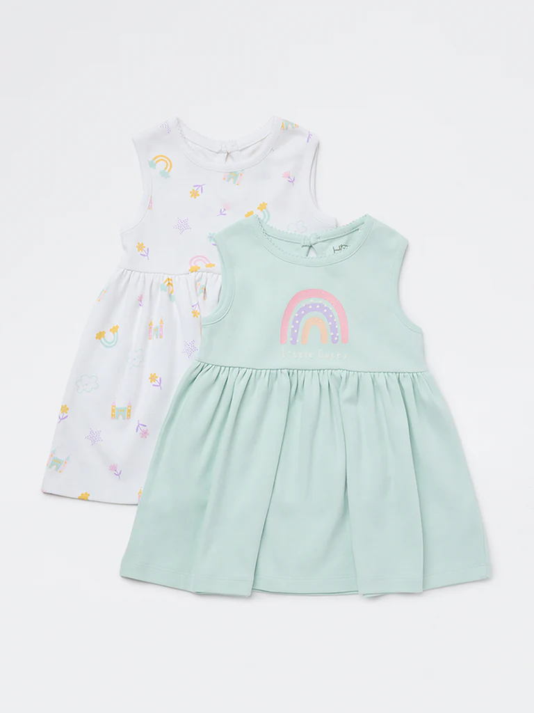 HOP Baby Girls Multicolour Printed A-Line Cotton Dress - Pack of 2 - Image 2