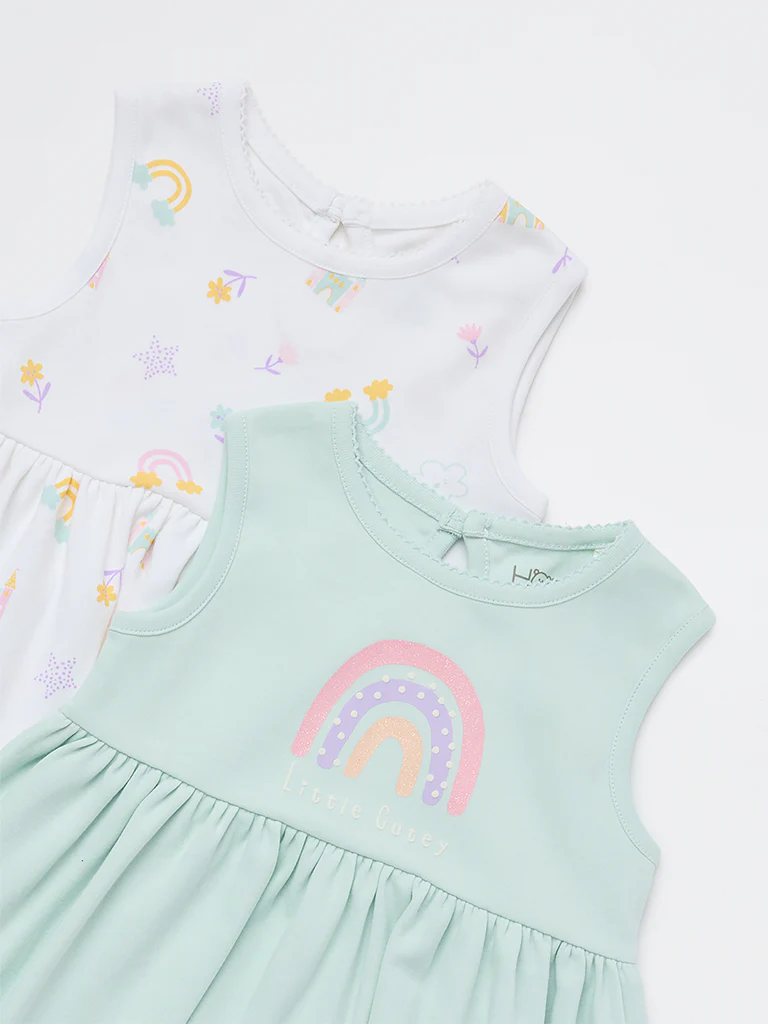 HOP Baby Girls Multicolour Printed A-Line Cotton Dress - Pack of 2 - Image 3