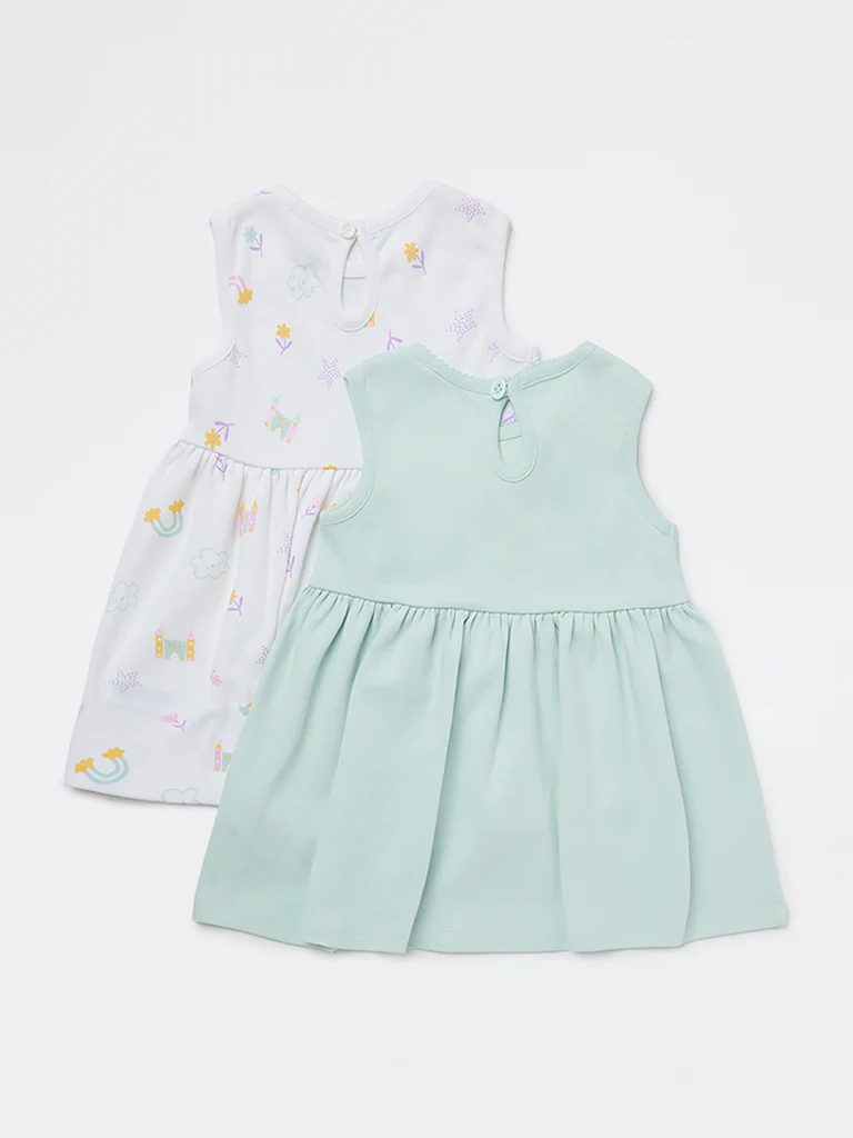 HOP Baby Girls Multicolour Printed A-Line Cotton Dress - Pack of 2 - Image 4