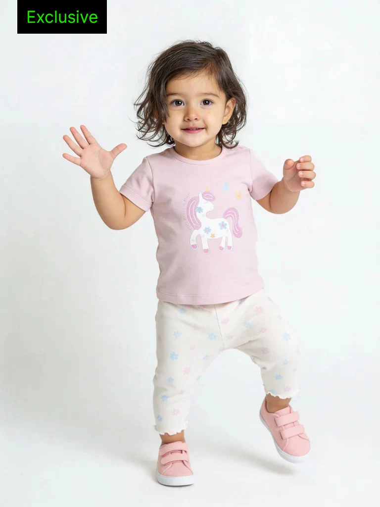 HOP Baby Girls Multicolour Printed Cotton T-Shirt and Leggings Set - Exclusive - Image 2
