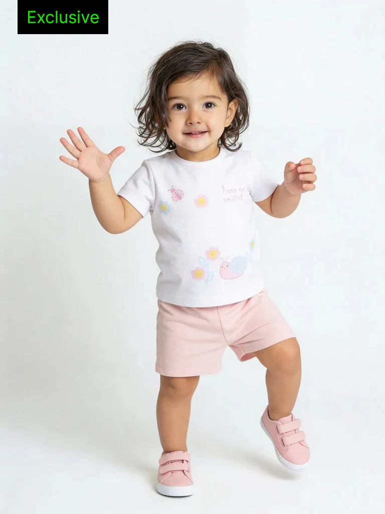 HOP Baby Girls Multicolour Printed Cotton T-Shirt and Shorts Set - Exclusive