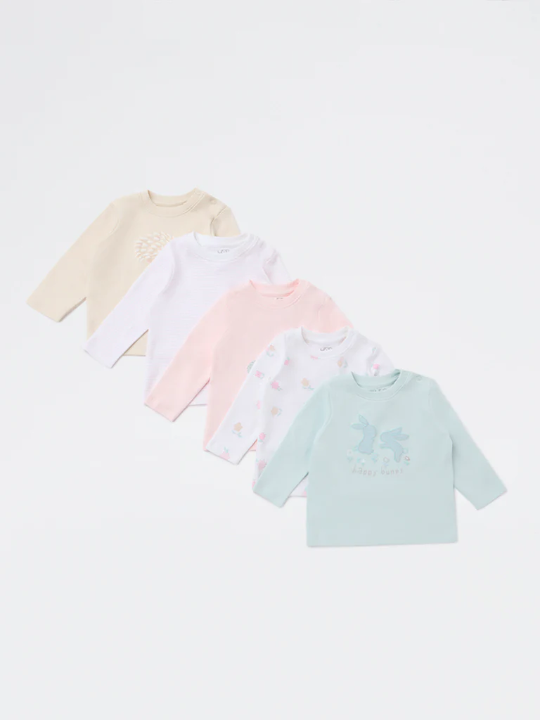 HOP Baby Girls Multicolour Printed Cotton T-Shirts - Pack of 5 - Image 2