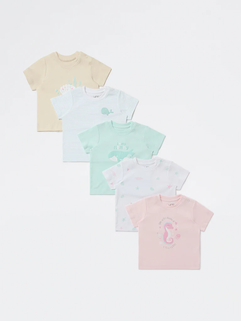 HOP Baby Girls Multicolour Printed Cotton T-Shirts - Pack of 5 - Image 2