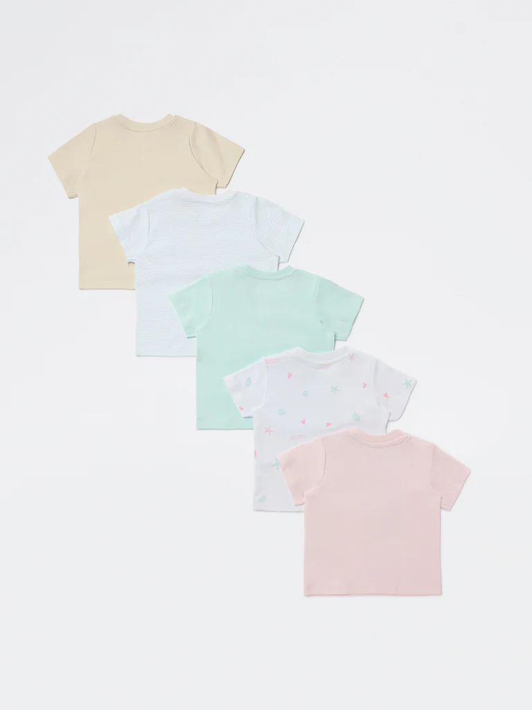 HOP Baby Girls Multicolour Printed Cotton T-Shirts - Pack of 5 - Image 3