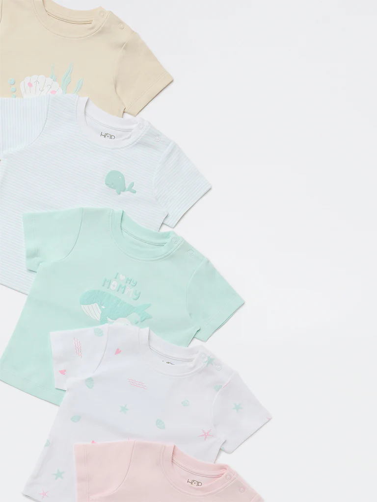 HOP Baby Girls Multicolour Printed Cotton T-Shirts - Pack of 5 - Image 4