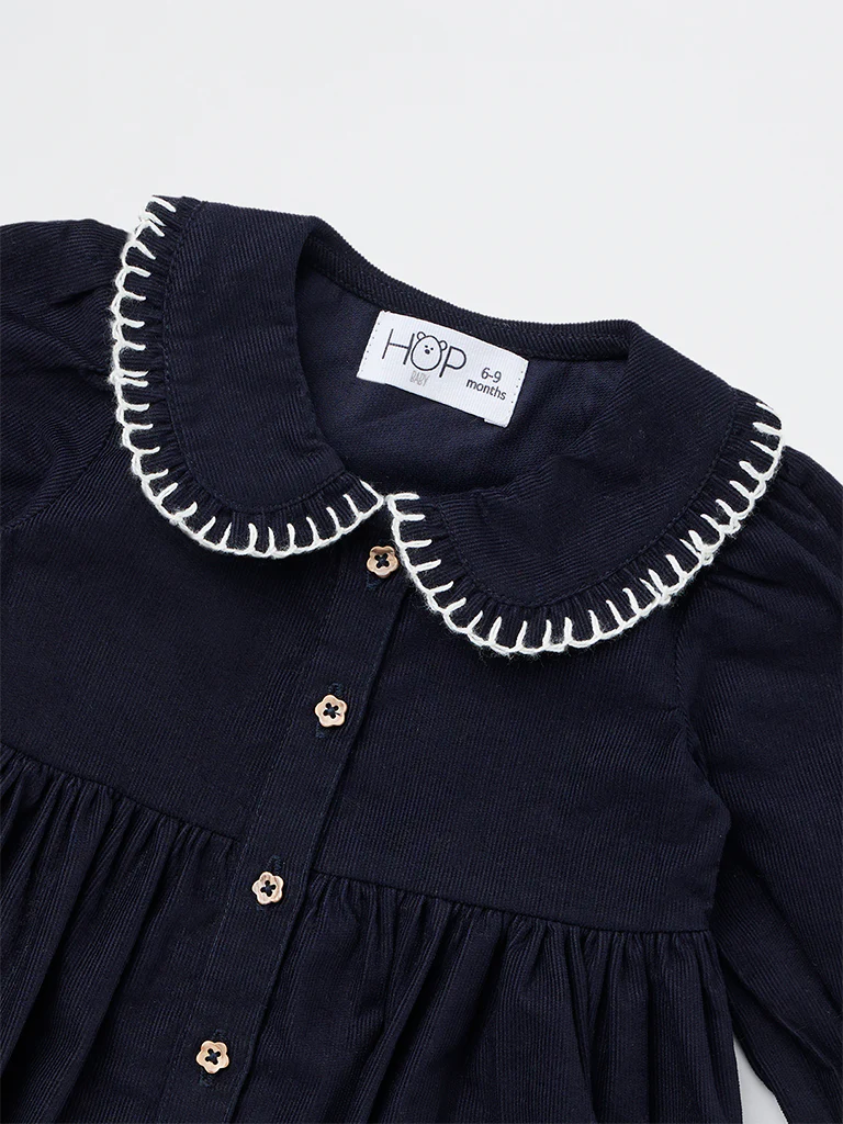 HOP Baby Girls Navy Corduroy A-Line Cotton Dress - Image 4