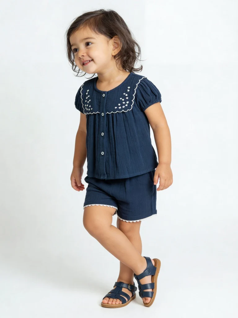 HOP Baby Girls Navy Crinkle-Textured Cotton Co-ord Set