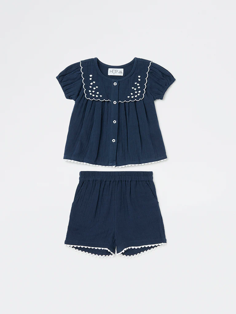 HOP Baby Girls Navy Crinkle-Textured Cotton Co-ord Set - Image 2