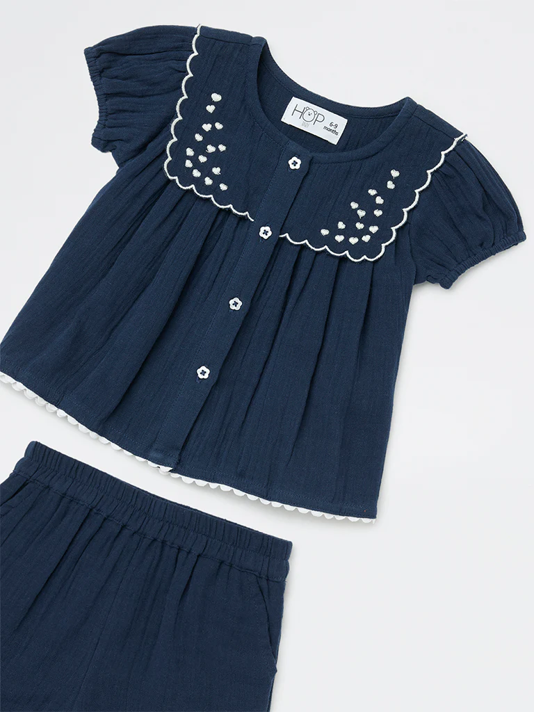 HOP Baby Girls Navy Crinkle-Textured Cotton Co-ord Set - Image 4