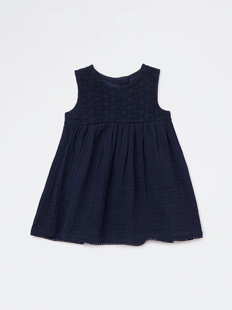 HOP Baby Girls Navy Crochet-Detailed Cotton A-Line Dress - Image 2