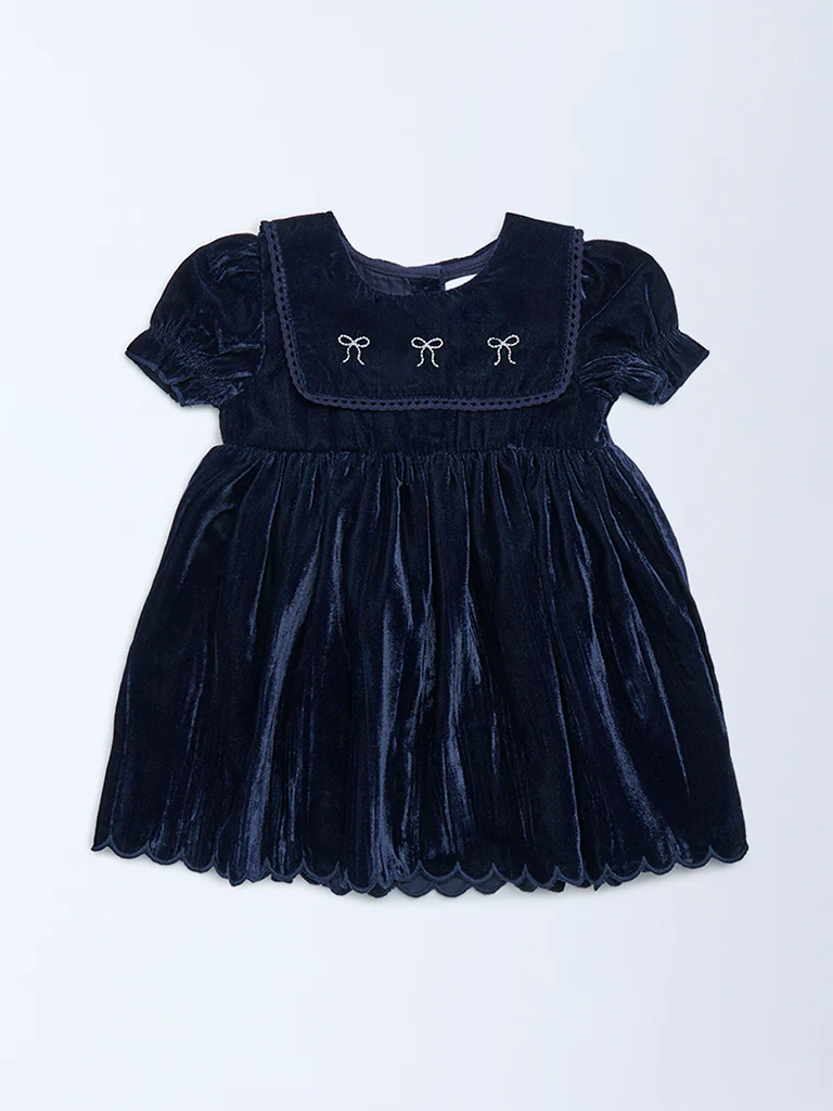 HOP Baby Girls Navy Fit-And-Flare Velvet Dress - Image 2