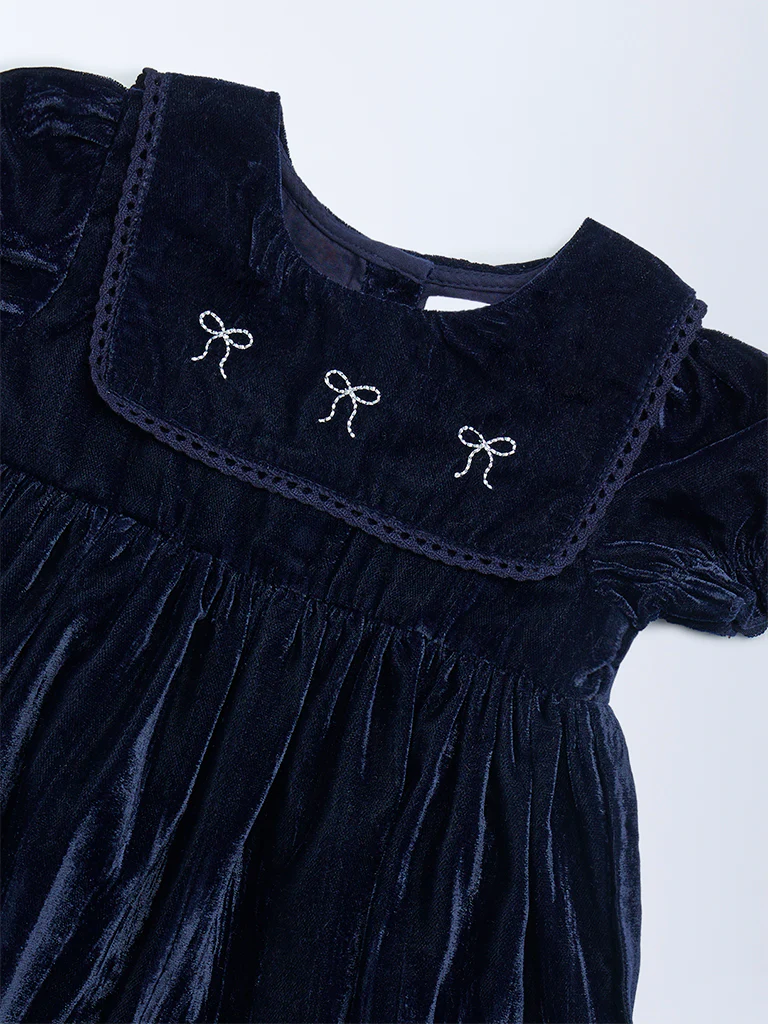 HOP Baby Girls Navy Fit-And-Flare Velvet Dress - Image 4