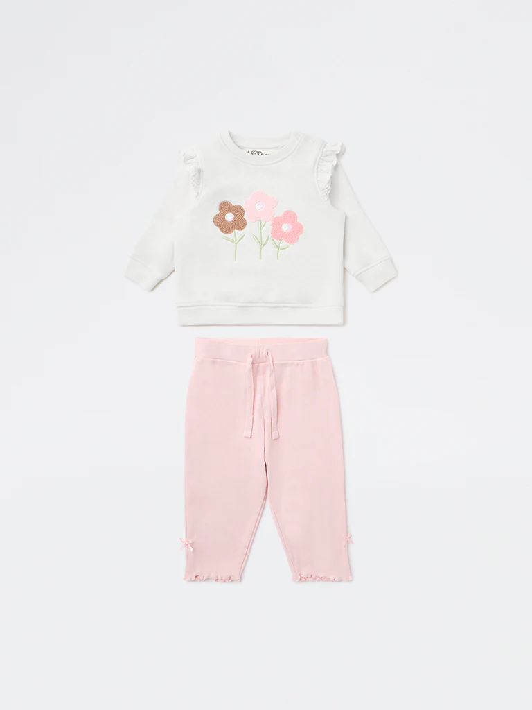 HOP Baby Girls Off-White Cotton-Blend T-Shirt and Pants Set - Image 2