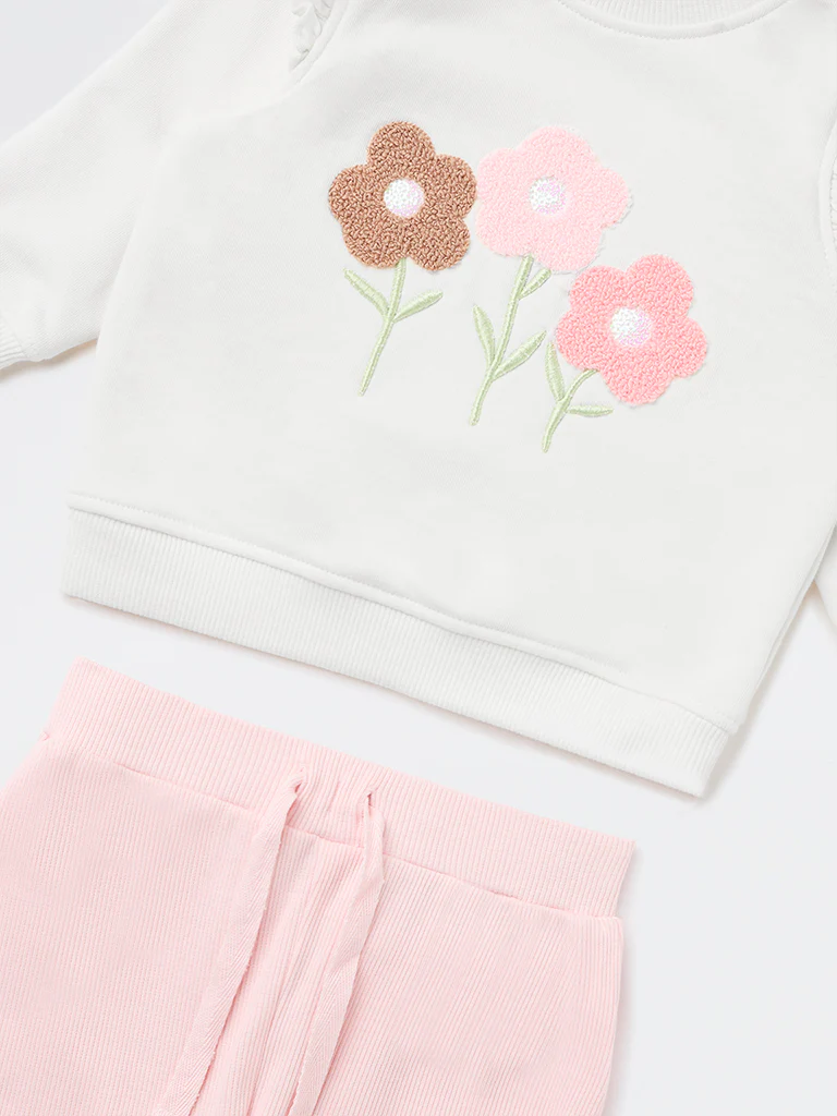 HOP Baby Girls Off-White Cotton-Blend T-Shirt and Pants Set - Image 4