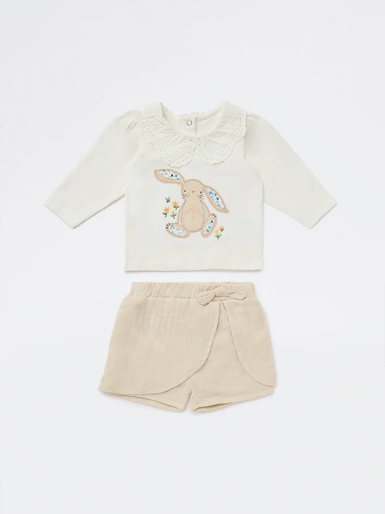 HOP Baby Girls Off-White Cotton-Blend Top with Shorts Set - Image 2