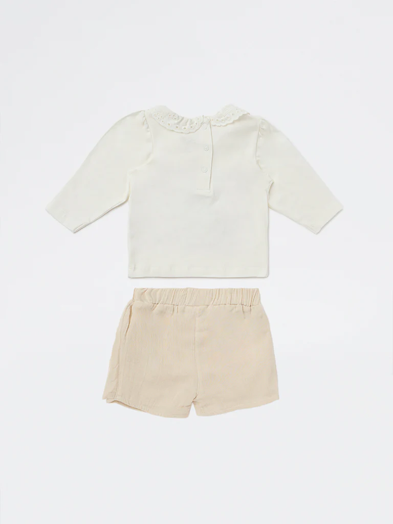 HOP Baby Girls Off-White Cotton-Blend Top with Shorts Set - Image 3