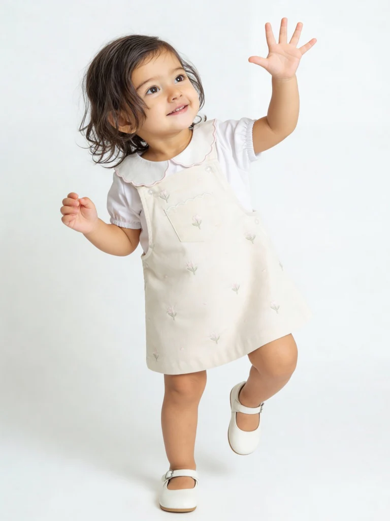HOP Baby Girls Off-White Cotton T-Shirt and Pinafore Set