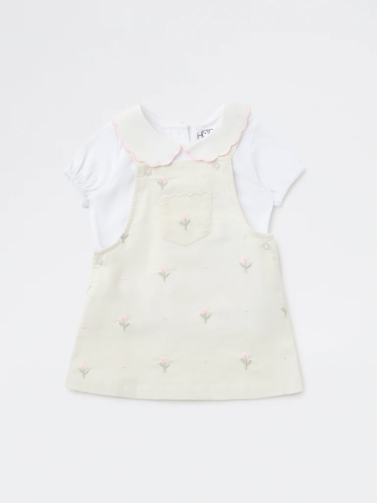 HOP Baby Girls Off-White Cotton T-Shirt and Pinafore Set - Image 2