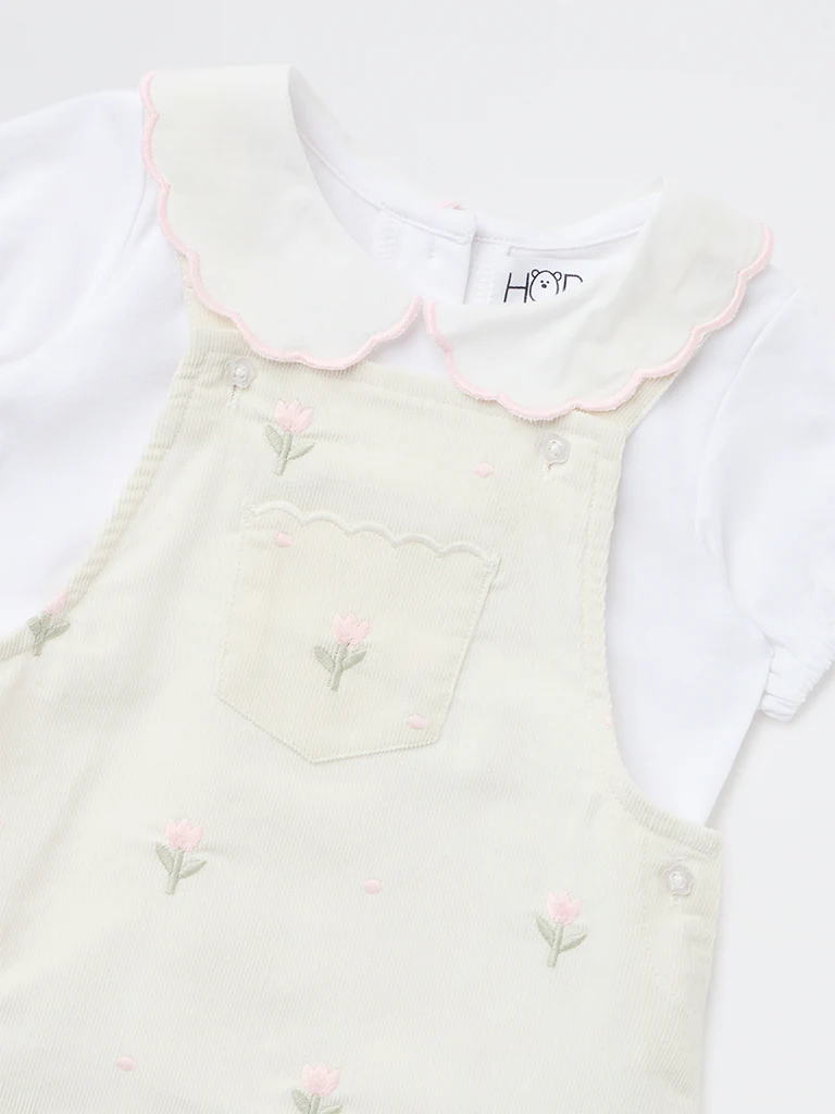 HOP Baby Girls Off-White Cotton T-Shirt and Pinafore Set - Image 4