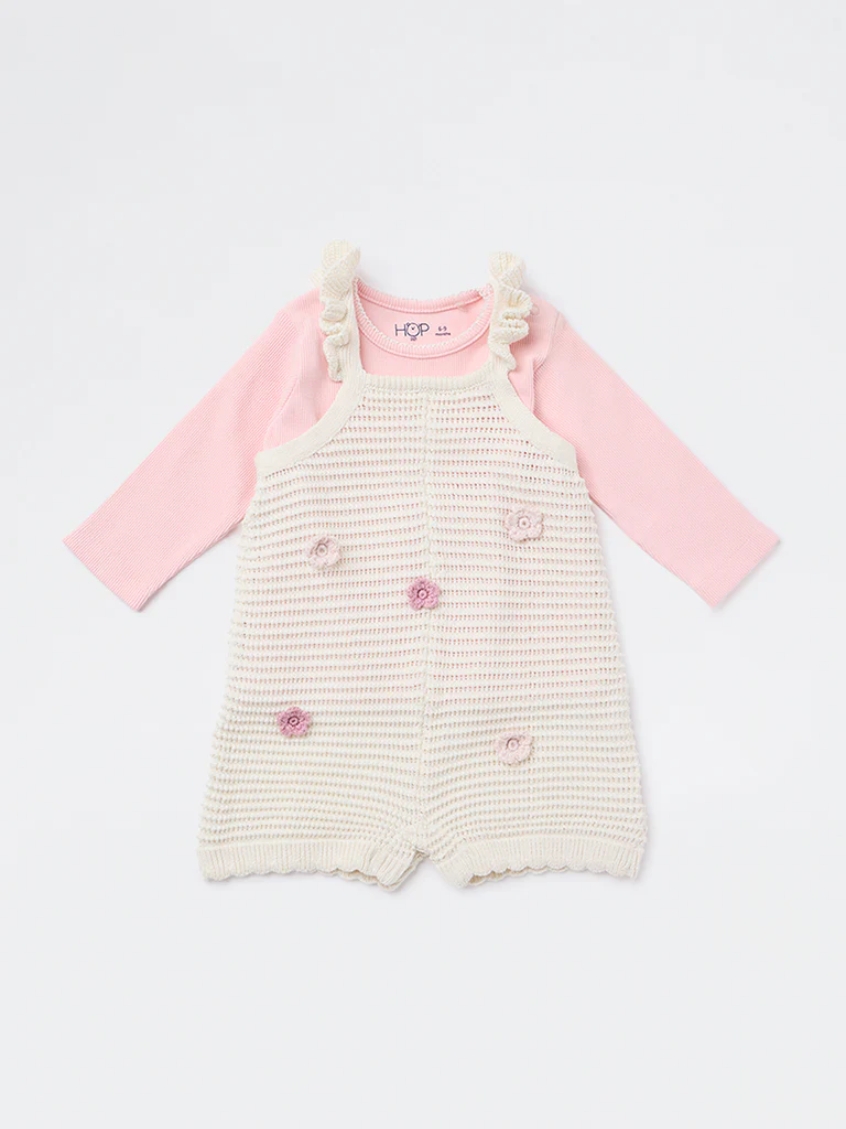 HOP Baby Girls Off-White Crochet Knit Cotton T-Shirt and Dungaree Set - Image 2