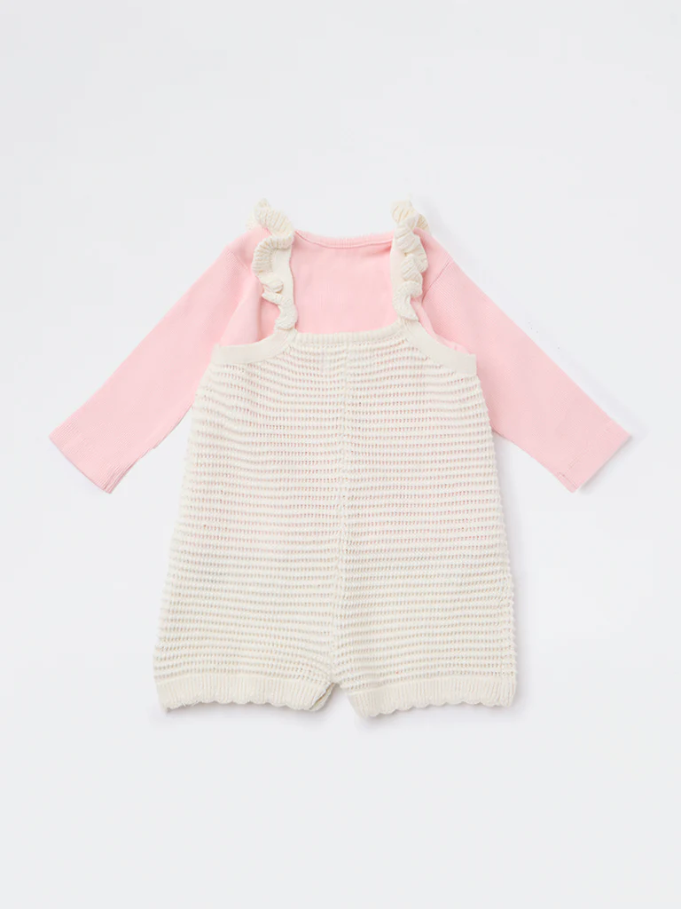 HOP Baby Girls Off-White Crochet Knit Cotton T-Shirt and Dungaree Set - Image 3