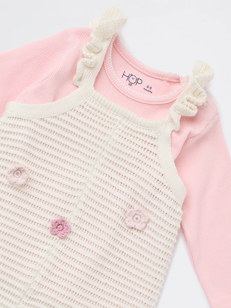 HOP Baby Girls Off-White Crochet Knit Cotton T-Shirt and Dungaree Set - Image 4