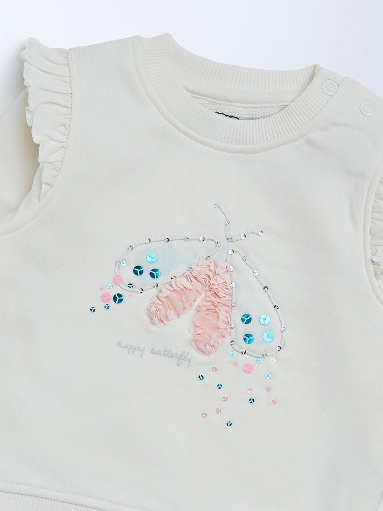 HOP Baby Girls Off-White Embellished Cotton-Blend Sweatshirt - Image 4