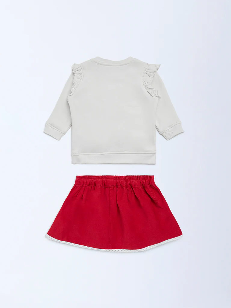 HOP Baby Girls Off-White Embellished Cotton Sweatshirt with Skirt Set - Image 3