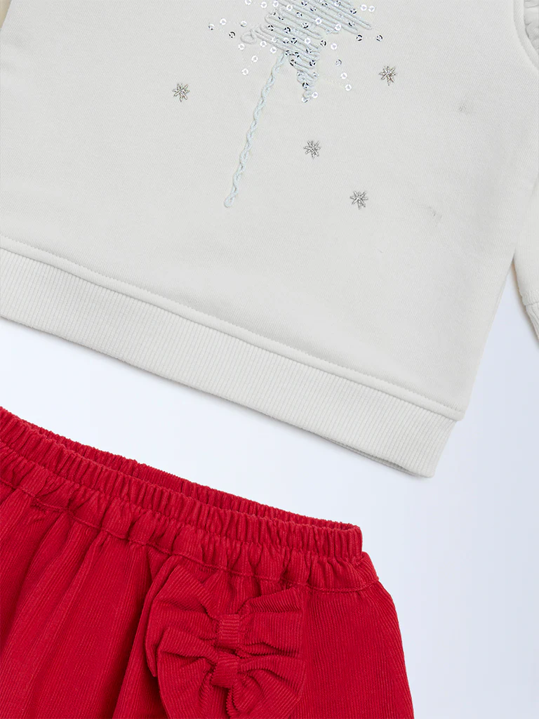 HOP Baby Girls Off-White Embellished Cotton Sweatshirt with Skirt Set - Image 4