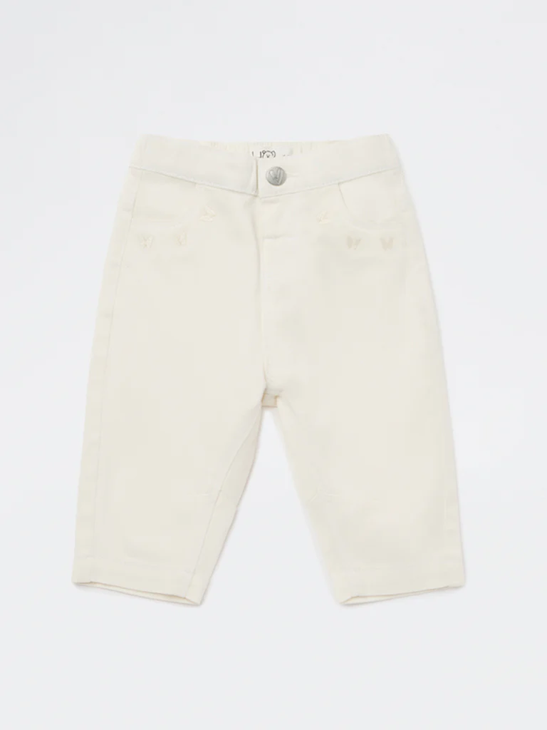 HOP Baby Girls Off-White Embroidered High-Rise Cotton-Blend Trousers - Image 2