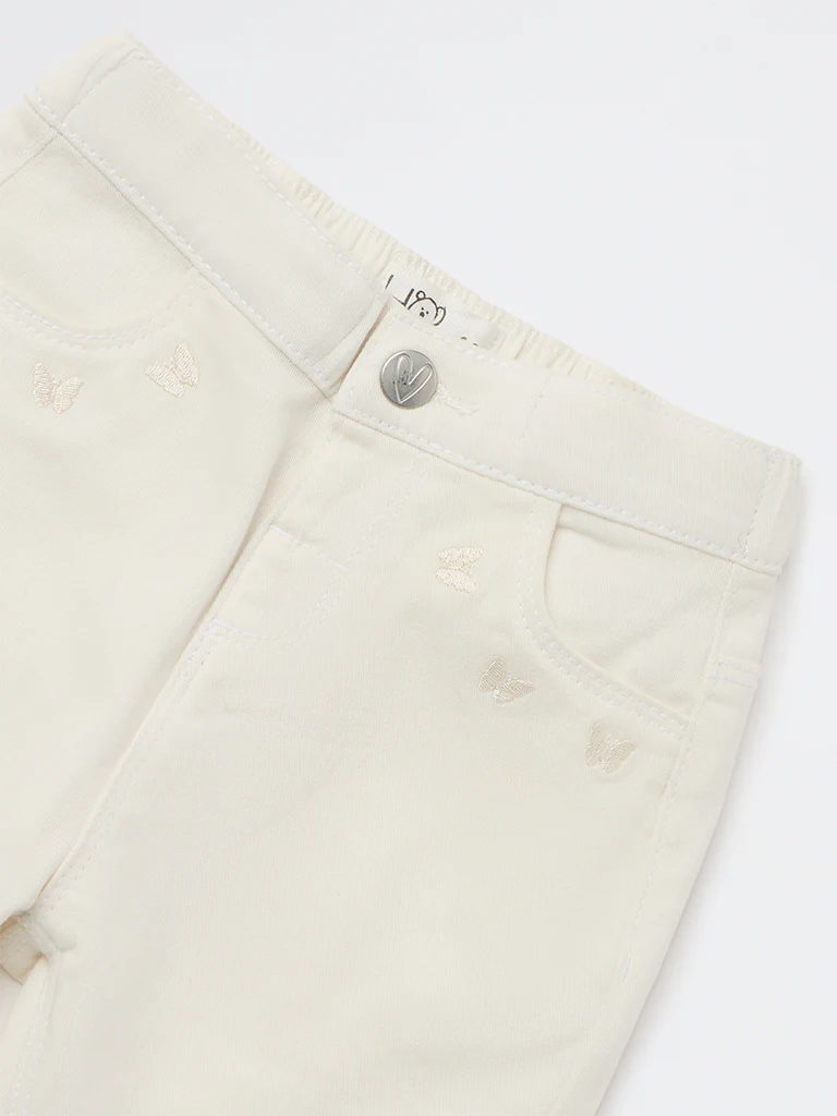 HOP Baby Girls Off-White Embroidered High-Rise Cotton-Blend Trousers - Image 4