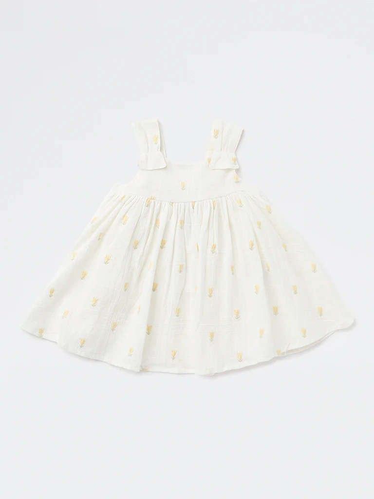 HOP Baby Girls Off-White Fit-and-Flare Cotton Dress - Image 2