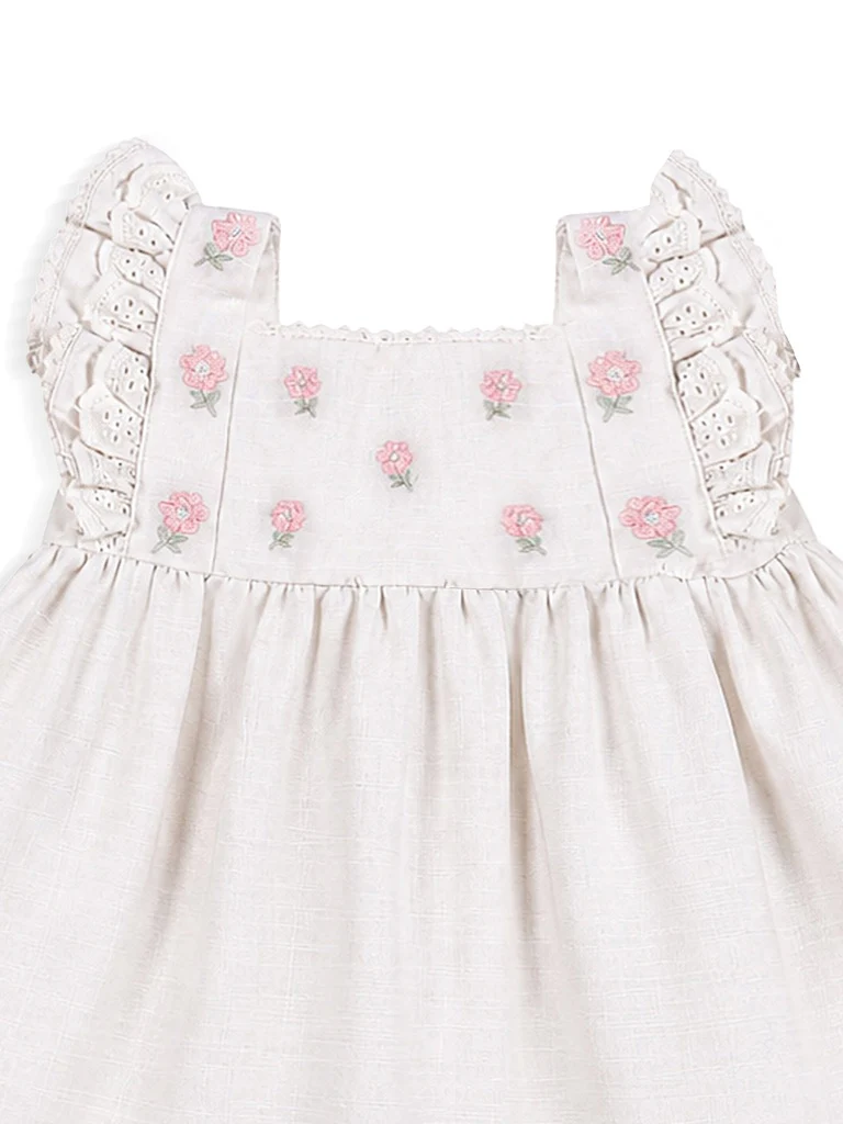 HOP Baby Girls Off-White Floral Embroidered Cotton-Blend Dress - Image 4